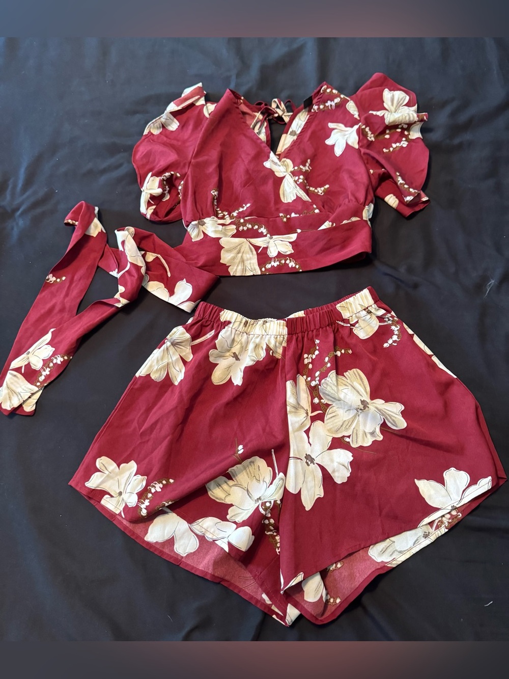 SHEIN Burgundy and Cream Floral Two-Piece Set